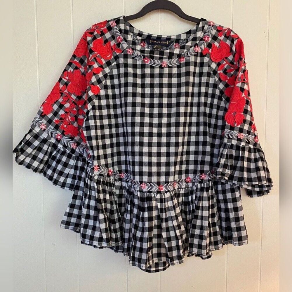 Pankaj & Nidhi Blouse Women’s Medium Black White Checked Embroidered Prairie